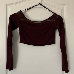 Forever21 Maroon Longsleeve Off the Shoulder Crop Top with Sheer Mesh Lining